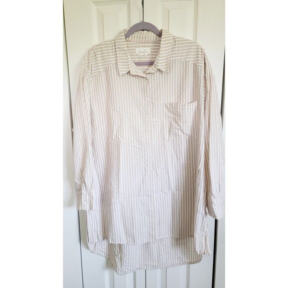 Anthropologie XL Women's Collared Striped Button Down Blouse Tan Red  Ctton Blnd - Picture 1 of 9